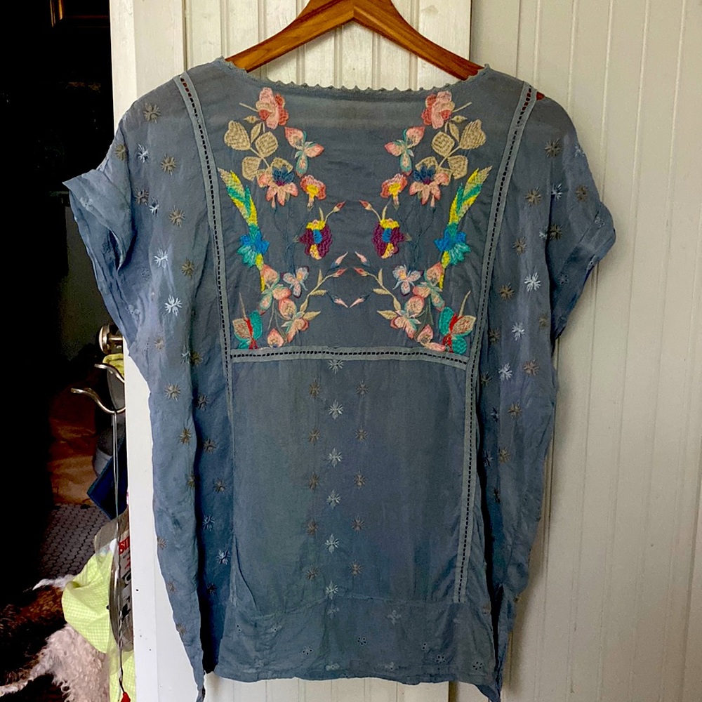 Johnny Was Embroidered Short Sleeve Top, Lavender w/ Pastel Embroidery, S